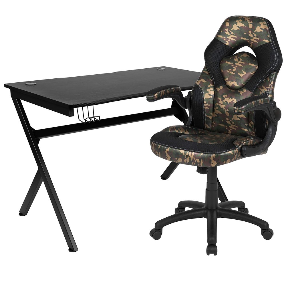 Flash Furniture Optis Black Gaming Desk and Camouflage/Black Racing Chair Set with Cup Holder, Headphone Hook & 2 Wire Management Holes