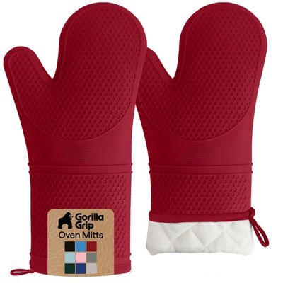 GORILLA GRIP BPA-Free Soft Silicone Oven Mitts, 14.5x8.3, Heat Resistant and Waterproof Cooking Gloves, Thick Cotton Lining, Flexible Gripping for Baking Grilling, Kitchen Potholders Set of 2, Red