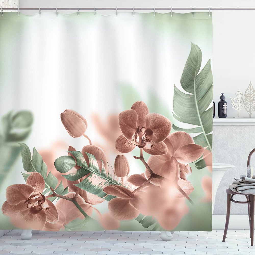 Ambesonne Tropical Shower Curtain, Exotic Orchids Blossom Leaves on Blurred Background Floral Themed Modern Art, Cloth Fabric Bathroom Decor Set with Hooks, 69" W x 75" L, Reseda Green