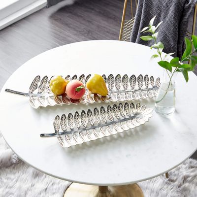 Deco 79 Aluminum Metal Living Room Decor Tray Leaf Ottoman Tray, Set of 2 Serving Tray 27", 18"W, Silver