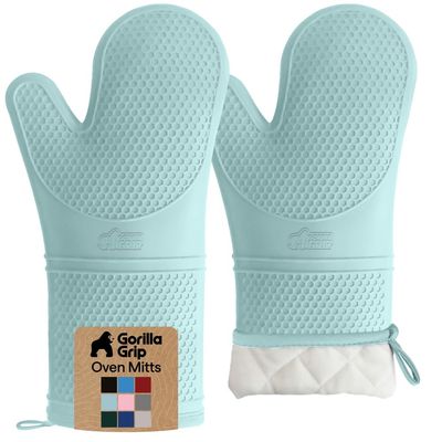 GORILLA GRIP BPA-Free Soft Silicone Oven Mitts, 14.5x8.3, Heat Resistant and Waterproof Cooking Gloves, Thick Cotton Lining, Flexible Gripping for Baking Grilling, Kitchen Potholders Set of 2, Mint