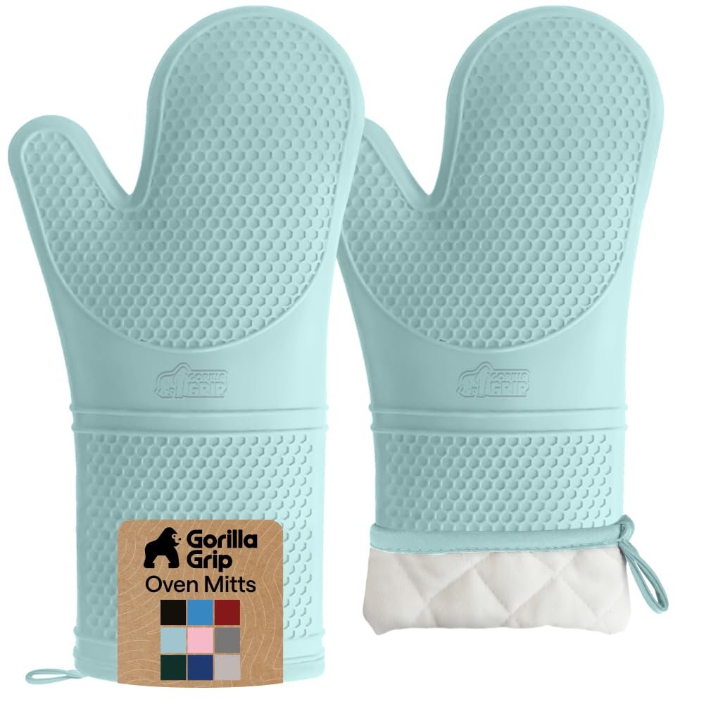 GORILLA GRIP BPA-Free Soft Silicone Oven Mitts, 14.5x8.3, Heat Resistant and Waterproof Cooking Gloves, Thick Cotton Lining, Flexible Gripping for Baking Grilling, Kitchen Potholders Set of 2, Mint
