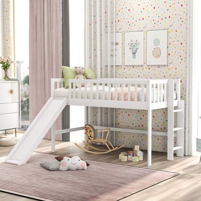 Harper & Bright Designs Twin loft Bed with Slide, Loft Bed Twin with Ladder and High Security Guardrail, Wood Low Kids loft Bed Frame, No Box Spring Needed (Twin, White)