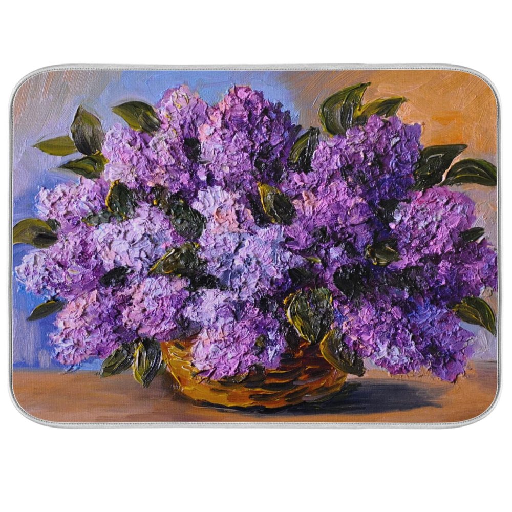 Absorbent Dish Drying Mat for Kitchen Counter - Purple Oil Painting Flowers Microfiber Drying Pad, Reversible Drainer Mats for Countertop, Large 18 x 24 inch