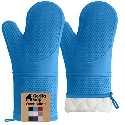 GORILLA GRIP BPA-Free Soft Silicone Oven Mitts, 14.5x8.3, Heat Resistant and Waterproof Cooking Gloves, Thick Cotton Lining, Flexible Gripping for Baking Grilling, Kitchen Potholders Set of 2, Aqua