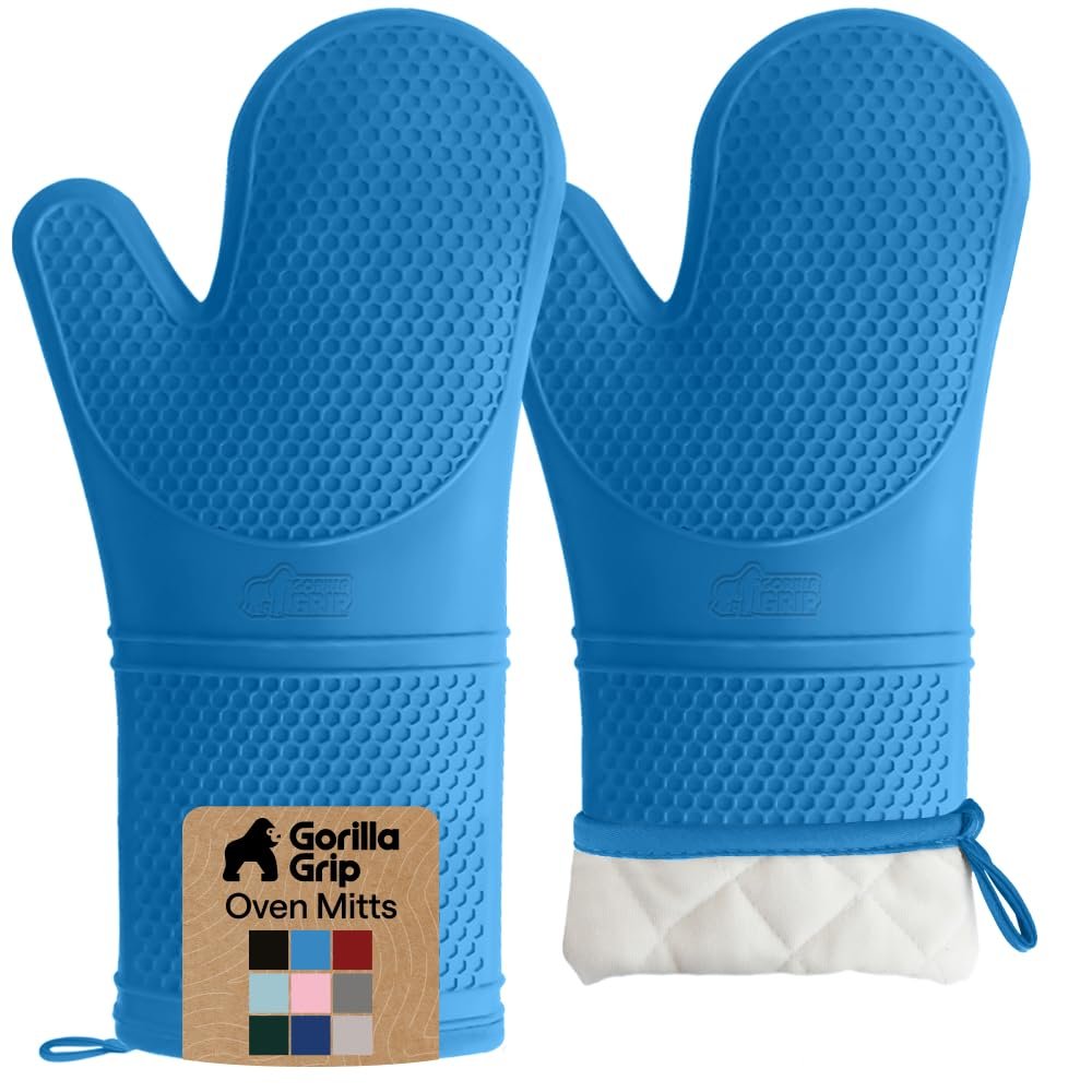 GORILLA GRIP BPA-Free Soft Silicone Oven Mitts, 14.5x8.3, Heat Resistant and Waterproof Cooking Gloves, Thick Cotton Lining, Flexible Gripping for Baking Grilling, Kitchen Potholders Set of 2, Aqua