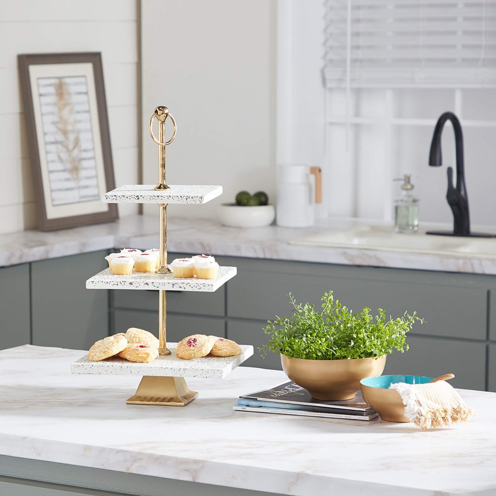 Deco 79 Ceramic Terrazzo 3 Tiered Tiered Server with Gold Base, 12" x 12" x 22", White