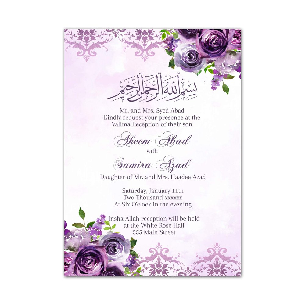 100 Walima Invitations Floral Purple Watercolor Wedding Invitations Personalized Any Text