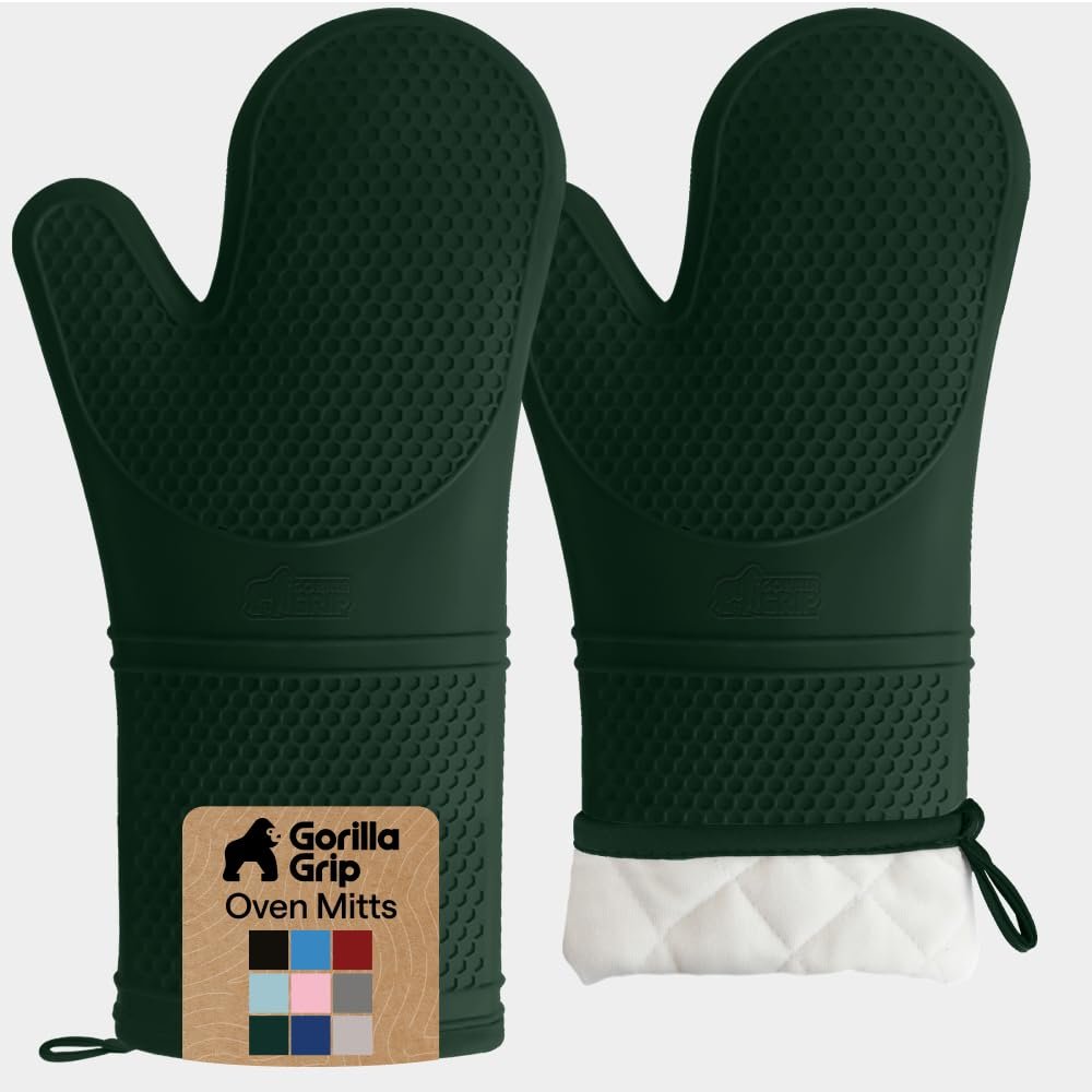 GORILLA GRIP BPA-Free Soft Silicone Oven Mitts, 14.5x8.3, Heat Resistant and Waterproof Cooking Gloves, Thick Cotton Lining, Flexible Gripping for Baking Grilling, Kitchen Potholders Set, Hunter Green