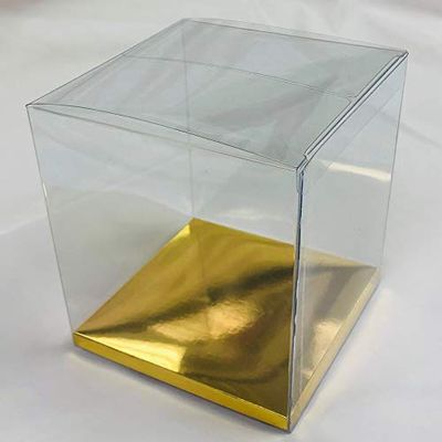 24 PCS 4 x 4 x 4-1/2" w/Gold Card Bottom, Tuck Top Clear Plastic PVC Boxes for Party Favor Wedding Favor, retail products packaging and display