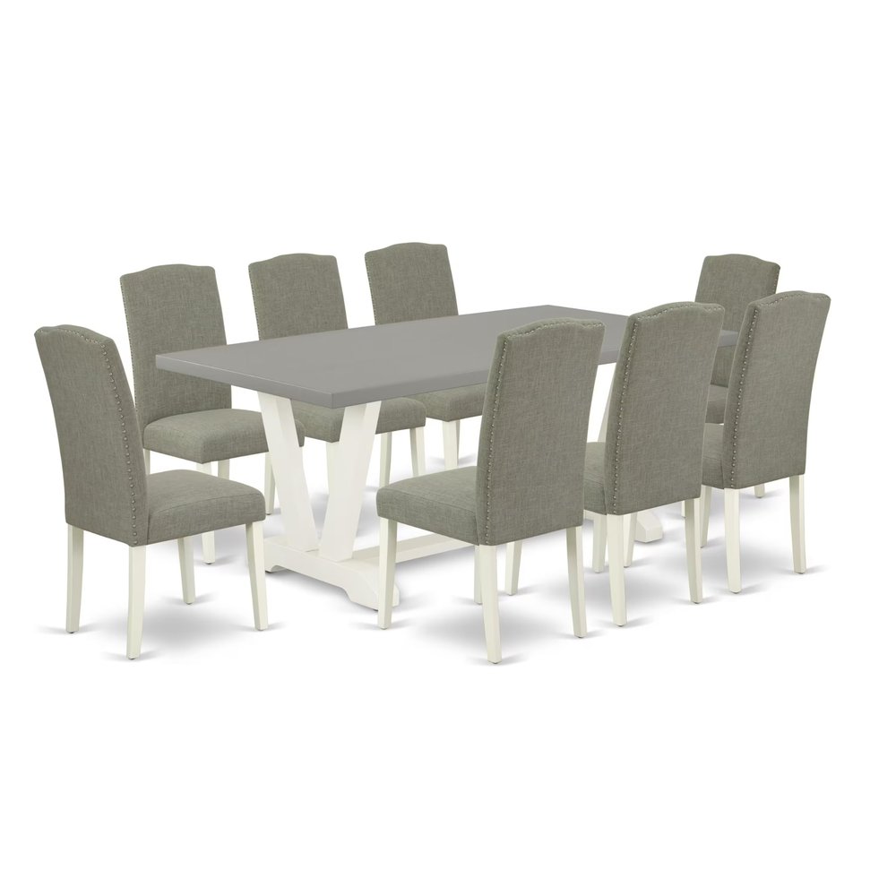 East West Furniture V097EN206-9 9 Piece Dining Room Set Includes a Rectangle Kitchen Table with V-Legs and 8 Dark Shitake Linen Fabric Upholstered Parson Chairs, 40x72 Inch, Multi-Color