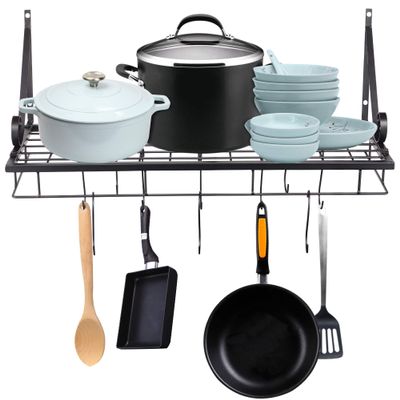 Aquaterior Grid Wall Mount Pot Pan Rack Kitchen Cookware Organizer with 10 Hooks Metal Wall Shelves Storage Pot Holder Black