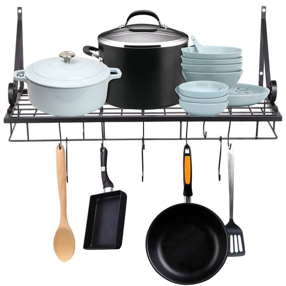 Aquaterior Grid Wall Mount Pot Pan Rack Kitchen Cookware Organizer with 10 Hooks Metal Wall Shelves Storage Pot Holder Black