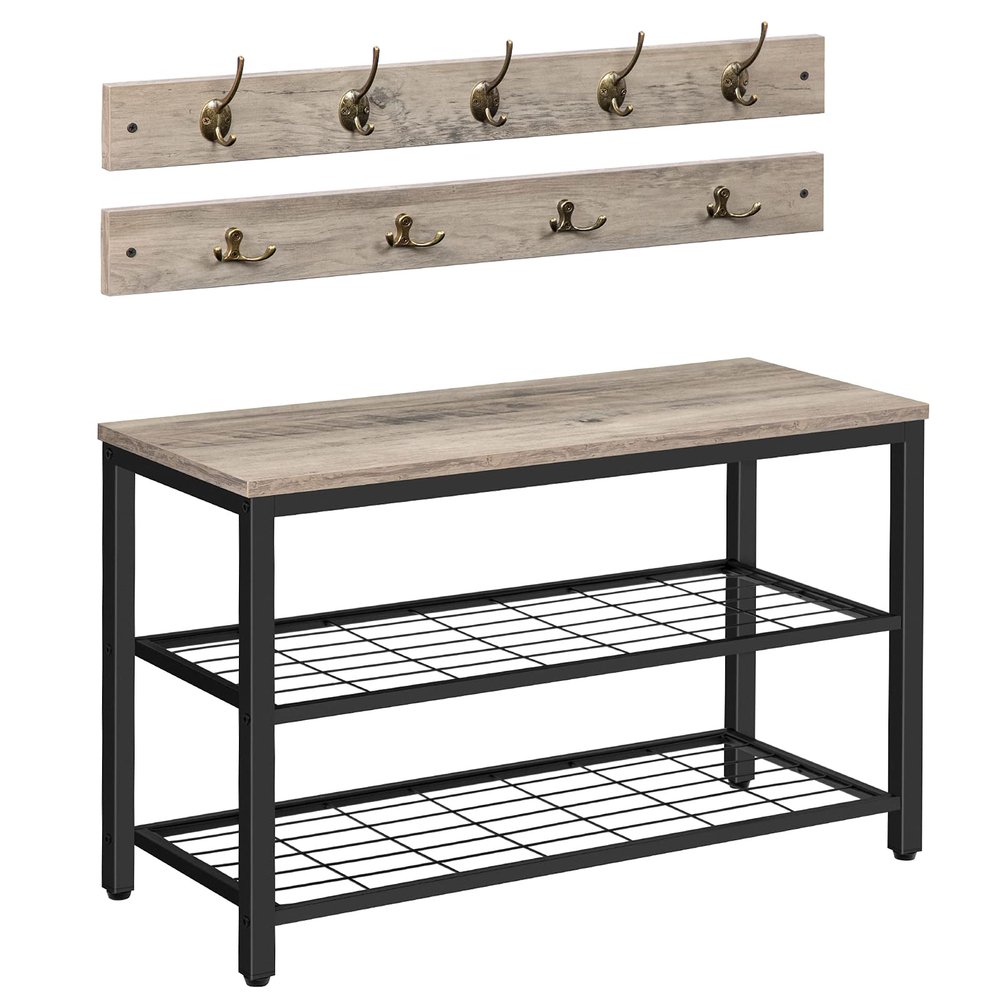 HOOBRO Hall Tree with Bench, Coat Rack Shoe Bench Set, Entryway Shoe Rack with Coat Hooks, Hall Tree Coat Rack, 27.6" L x 11.8" W x 18.1" H, Mud Room, for Foyer, Front Door, Greige BG07MT01