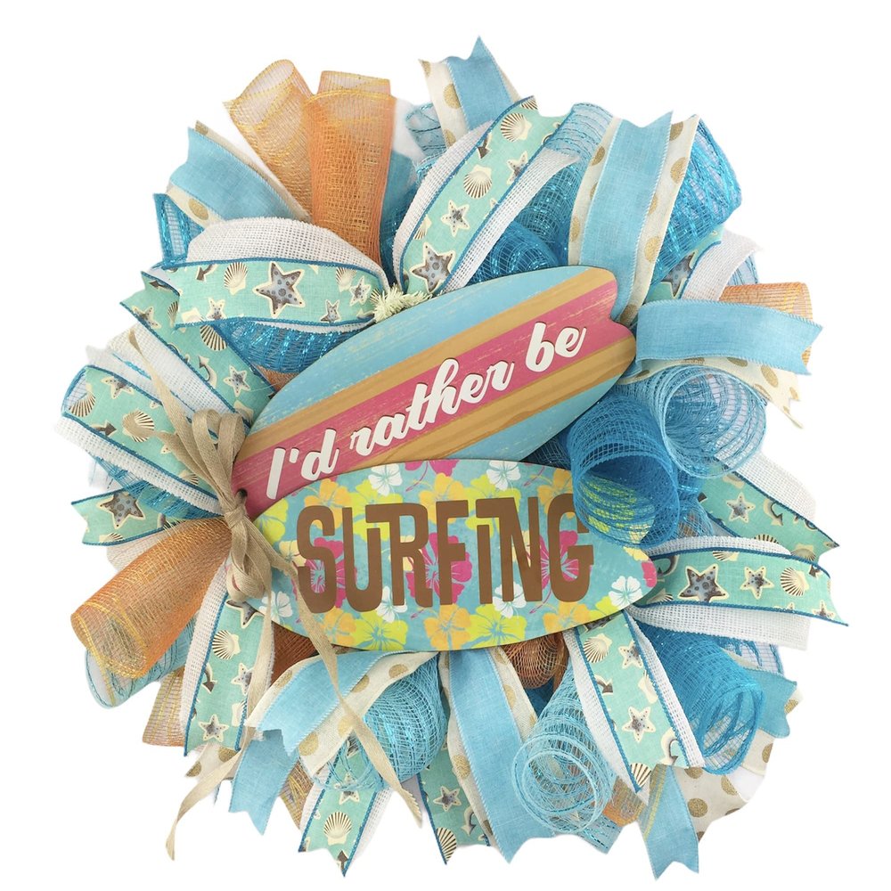 I'd rather be SURFING Beach, Coastal, Tropical Wreath for Front Door Outside or Inside Decorations. Very Full, Made with Turquoise & White Eyelash Mesh & Orange Mesh