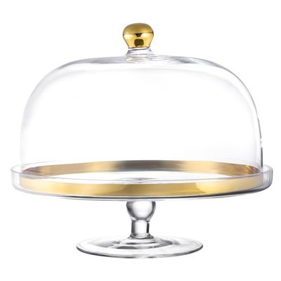 Barski Glass - Cake Stand - and - Dome - with - Gold Rim - and - Gold Knob - for - Cake - Fruit - Cheese - 11.75" Diameter - Made in Europe