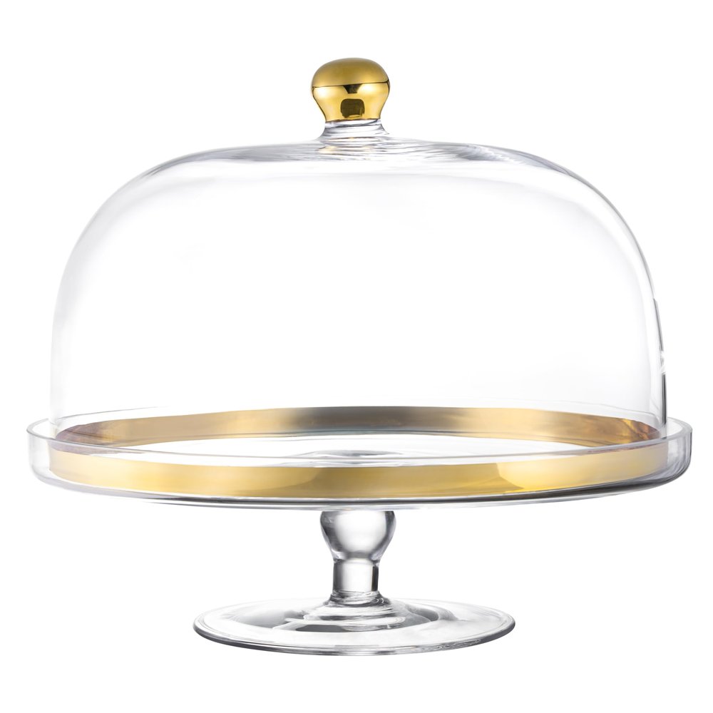 Barski Glass - Cake Stand - and - Dome - with - Gold Rim - and - Gold Knob - for - Cake - Fruit - Cheese - 11.75" Diameter - Made in Europe