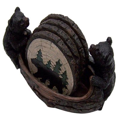Black Bear Canoe Coaster Holder with 4 Bear Coasters, 7.25 Inches