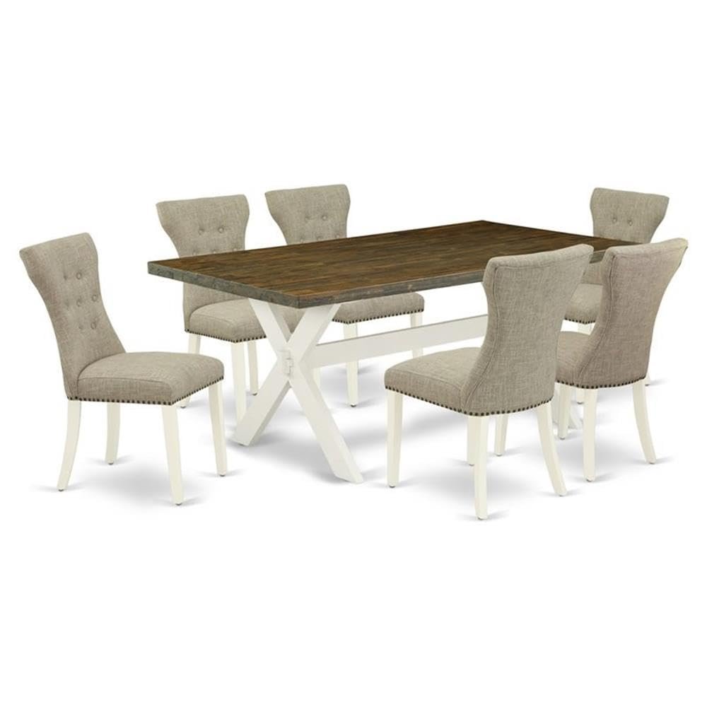 East West Furniture X077GA235-7 7 Piece Modern Dining Table Set Consist of a Rectangle Wooden Table with X-Legs and 6 Doeskin Linen Fabric Parsons Dining Chairs, 40x72 Inch, Multi-Color