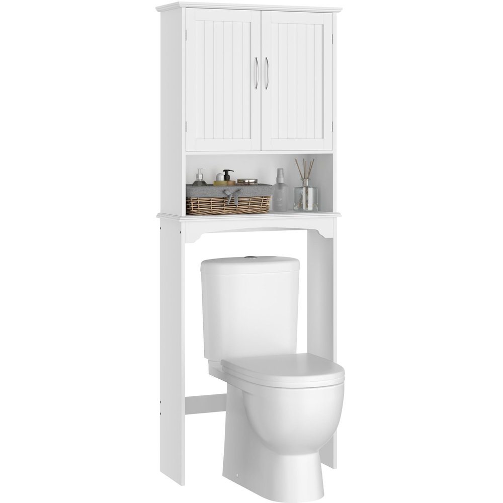 Yaheetech Over The Toilet Cabinet, Double Door Bathroom Storage Organizer, Toilet Rack with Inner Adjustable Shelf and Open Storage Shelf, White