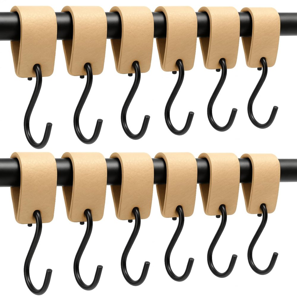 Brute Strength - Multifunctional Leather S-Hooks - Natural - 12 Pieces - S Shaped Hooks - Coat Hook - Leather Hooks - Leather s Hooks - Black s Hooks - Kitchen Hooks