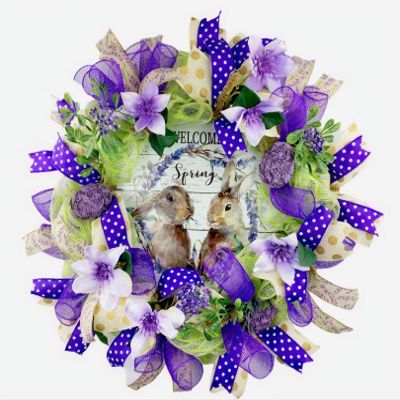 20x20x6 "Welcome Spring" Wreath with 3 DESIGNER ROSE FABRIC EASTER EGGS, Flowers & Ribbon for Front Door Outside or Inside Decorations, Very Full Large Spring Wreath