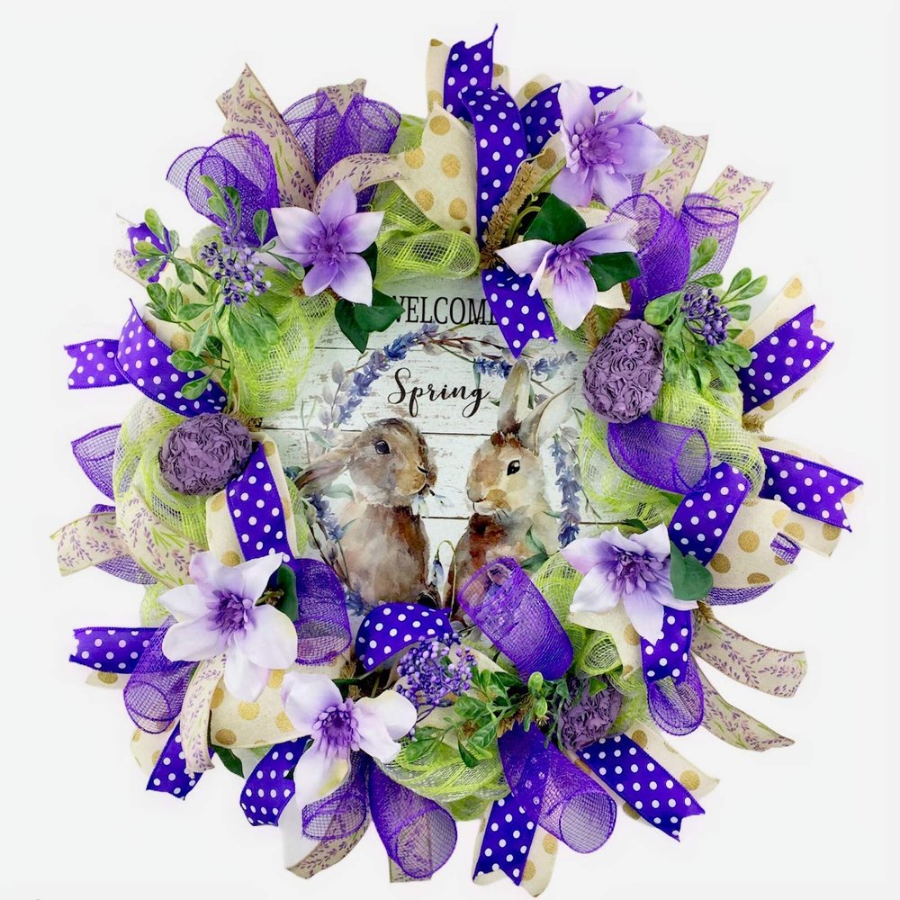 20x20x6 "Welcome Spring" Wreath with 3 DESIGNER ROSE FABRIC EASTER EGGS, Flowers & Ribbon for Front Door Outside or Inside Decorations, Very Full Large Spring Wreath