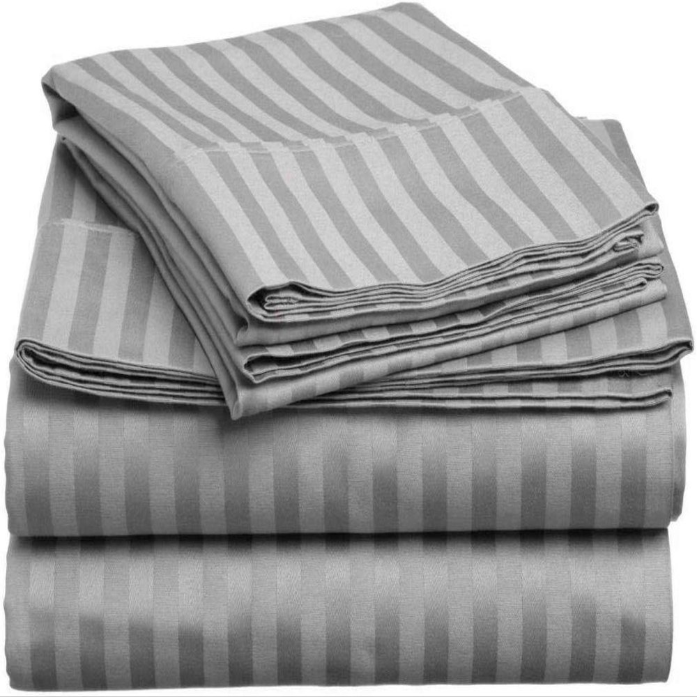 100% Egyptian Cotton 1000 Thread Count Luxury & Ultrasoft 6-Piece Bed Sheet Set (1 Fitted, 1 Flat, 4 Pillowcase) Fits Upto 21-24 Deep Pocket (King Size, Silver Grey Color) Stripe Pattern