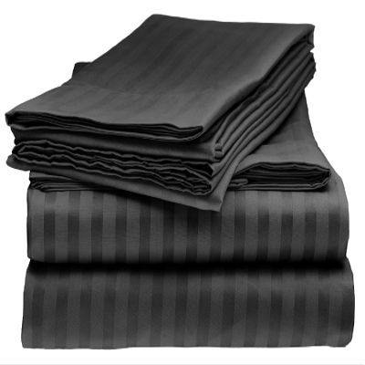100% Egyptian Cotton 1000 Thread Coun Luxurious Soft 4-Piece Bed Sheet Set Fits Upto 18-20 Deep Pocket (King Size, Black Color) Stripe Pattern
