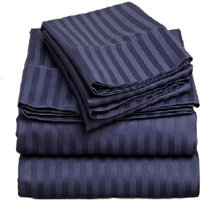 100% Egyptian Cotton 1000 Thread Count Luxury & Ultrasoft 4-Piece Bed Sheet Set Fits Upto 21-24 Deep Pocket (King Size, Navy Blue Color) Stripe Pattern