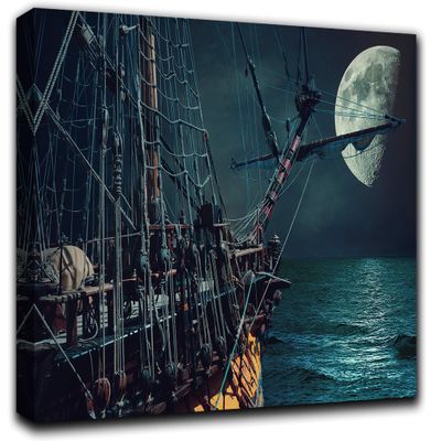 Pirate Ship at Sea Wall Art Decor Picture Painting Poster Print on Canvas Panels Pieces - Creative Theme Wall Decoration Set - Moon Sky Wall Picture for Creative Space 17 by 30 in