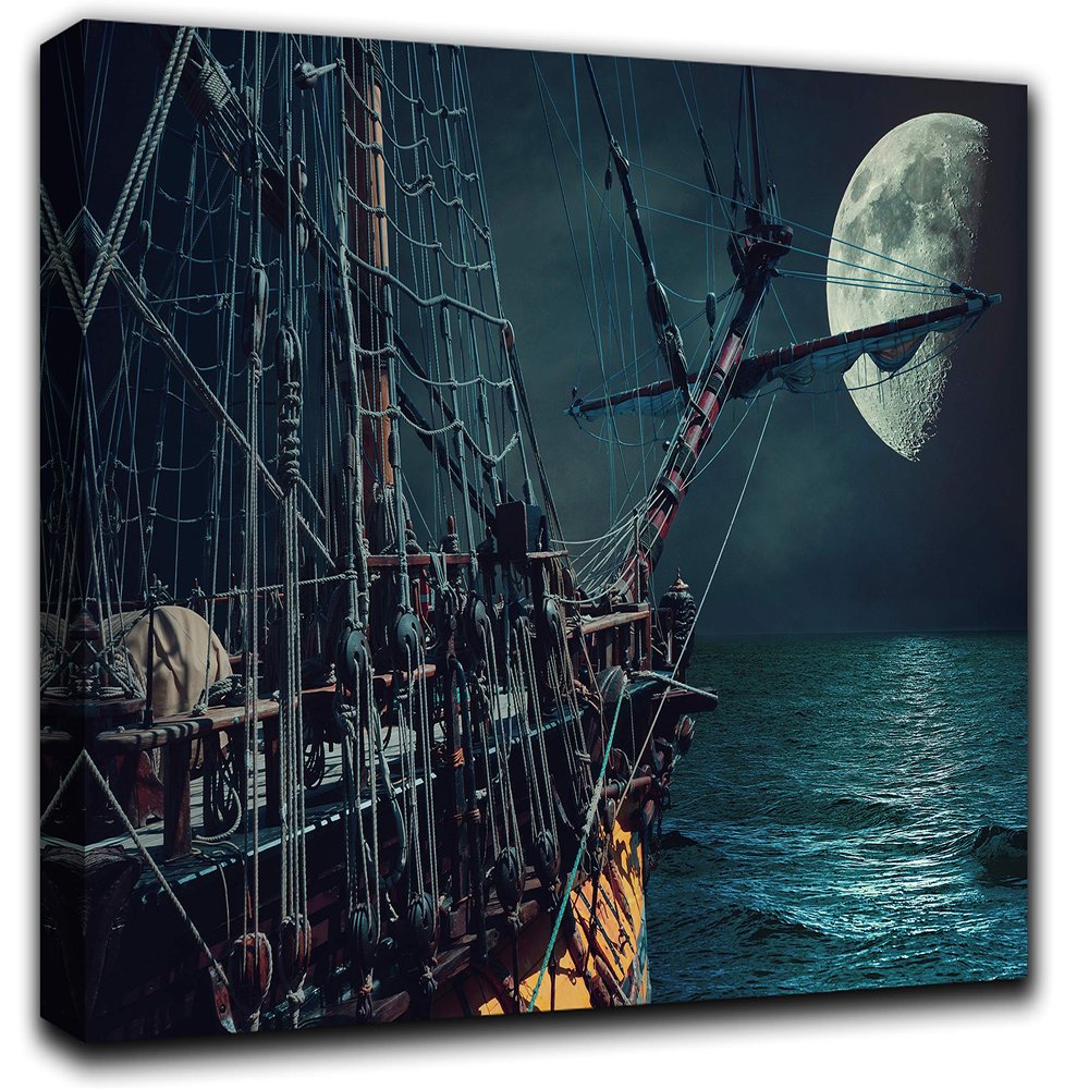 Pirate Ship at Sea Wall Art Decor Picture Painting Poster Print on Canvas Panels Pieces - Creative Theme Wall Decoration Set - Moon Sky Wall Picture for Creative Space 17 by 30 in