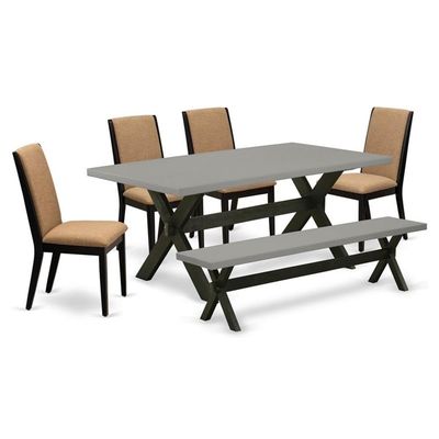 East West Furniture X697LA147-6 6 Piece Dining Table Set Contains a Rectangle Dining Room Table and 4 Light Sable Linen Fabric Parson Chairs with a Bench, 40x72 Inch, Multi-Color