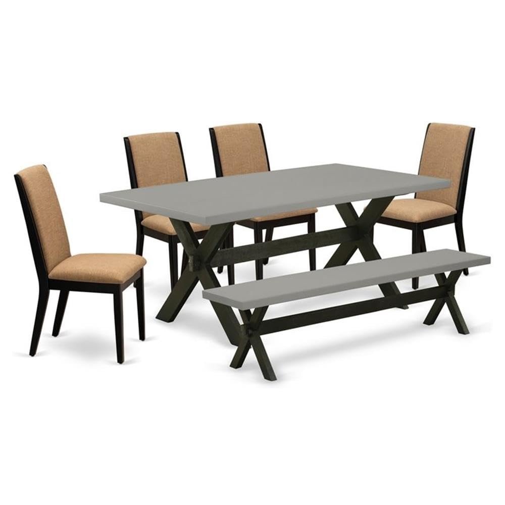 East West Furniture X697LA147-6 6 Piece Dining Table Set Contains a Rectangle Dining Room Table and 4 Light Sable Linen Fabric Parson Chairs with a Bench, 40x72 Inch, Multi-Color