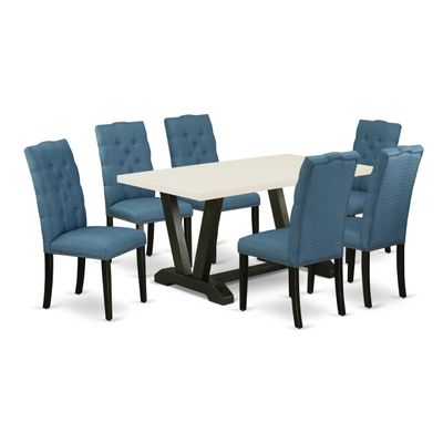 East West Furniture V626EL121-7 7 Piece Dining Set Consist of a Rectangle Dining Room Table with V-Legs and 6 Blue Linen Fabric Upholstered Parson Chairs, 36x60 Inch, Multi-Color
