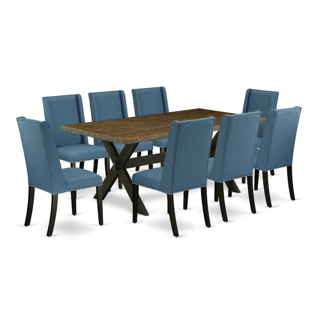 East West Furniture X677FL121-9 9 Piece Dining Room Furniture Set Includes a Rectangle Dining Table with X-Legs and 8 Blue Linen Fabric Upholstered Chairs, 40x72 Inch, Multi-Color