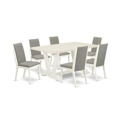 East West Furniture V026LA206-7 7 Piece Dining Table Set Consist of a Rectangle Dining Room Table with V-Legs and 6 Shitake Linen Fabric Upholstered Parson Chairs, 36x60 Inch, Multi-Color