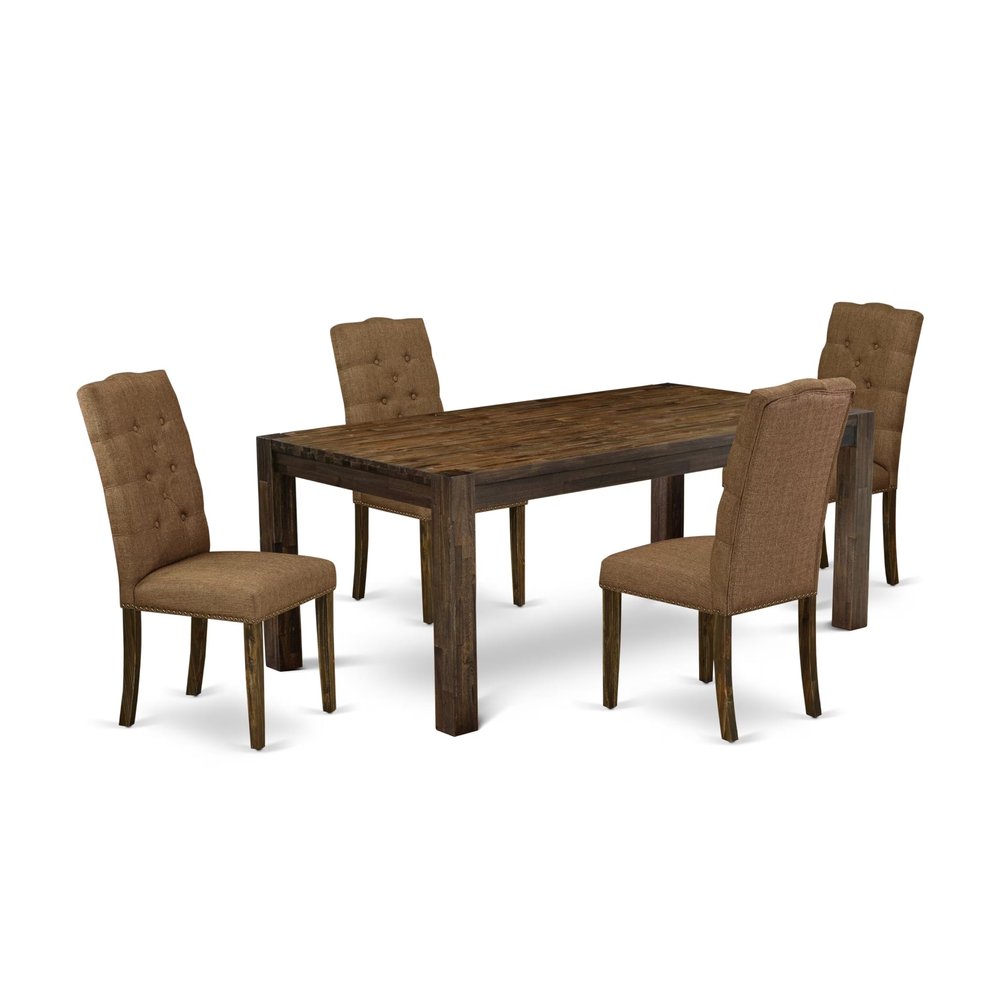 East West Furniture LMEL5-77-18 5 Piece Dining Table Set for 4 Includes a Rectangle Rustic Wood Dinner Table and 4 Brown Linen Linen Fabric Upholstered Chairs, 40x72 Inch, Jacobean
