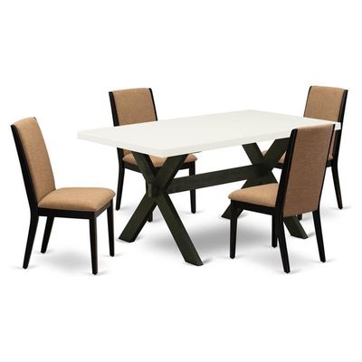 East West Furniture X626LA147-5 5 Piece Dining Room Table Set Includes a Rectangle Kitchen Table with X-Legs and 4 Light Sable Linen Fabric Parsons Dining Chairs, 36x60 Inch, Multi-Color