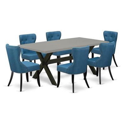 East West Furniture X697SI121-7 7 Piece Dining Room Table Set Consist of a Rectangle Dining Table with X-Legs and 6 Blue Linen Fabric Upholstered Parson Chairs, 40x72 Inch, Multi-Color