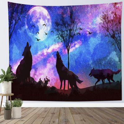 HVEST Wolf Tapestry Purple Blue Psychedelic Starry Sky Tapestries Moon and Mountains Natural Landscape Wall Hanging Blanket for Bedroom Living Room Teen Dorm Indie Decor Poster,60x40 Inches