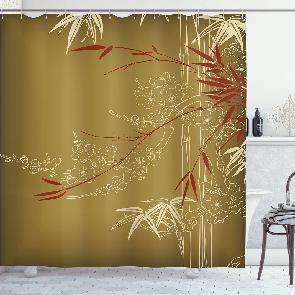 Ambesonne Asian Print Shower Curtain, Eastern Nature Theme Outline Look Blooming Branches and Flowers Illustration, Cloth Fabric Bathroom Decor Set with Hooks, 69" W x 75" L, Pale Coffee