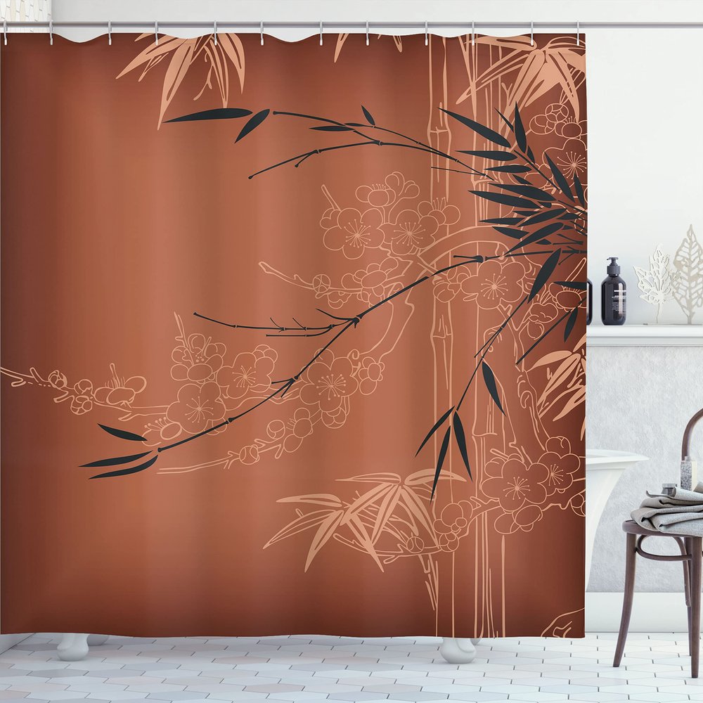 Ambesonne Asian Print Shower Curtain, Eastern Nature Theme Outline Look Blooming Branches and Flower Illustration, Cloth Fabric Bathroom Decor Set with Hooks, 69" W x 75" L, Cinnamon Black