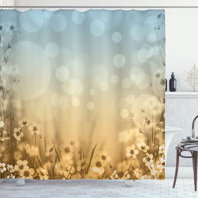 Ambesonne Flower Shower Curtain, Blossom Field with Fresh Grass Soft Springtime Blurred Illustration, Cloth Fabric Bathroom Decor Set with Hooks, 69" W x 75" L, Cadet Blue