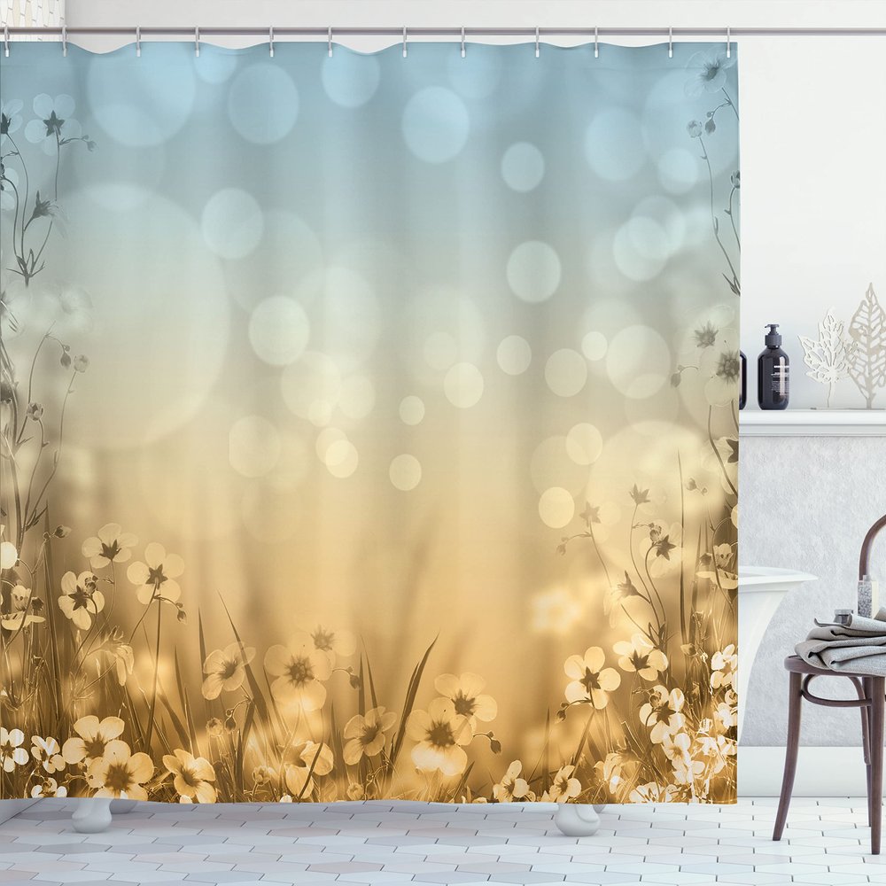 Ambesonne Flower Shower Curtain, Blossom Field with Fresh Grass Soft Springtime Blurred Illustration, Cloth Fabric Bathroom Decor Set with Hooks, 69" W x 75" L, Cadet Blue