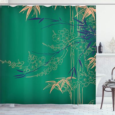 Ambesonne Asian Print Shower Curtain, Eastern Nature Theme Outline Look Blooming Branch and Flowers Illustration, Cloth Fabric Bathroom Decor Set with Hooks, 69" W x 84" L, Sea Green
