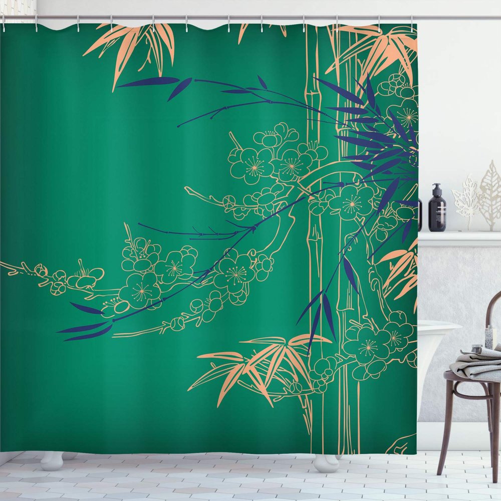 Ambesonne Asian Print Shower Curtain, Eastern Nature Theme Outline Look Blooming Branch and Flowers Illustration, Cloth Fabric Bathroom Decor Set with Hooks, 69" W x 84" L, Sea Green