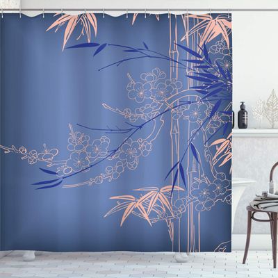 Ambesonne Asian Print Shower Curtain, Eastern Nature Theme Outline Look Blooming Branches and Flowers Illustration, Cloth Fabric Bathroom Decor Set with Hooks, 69" W x 84" L, Violet Blue