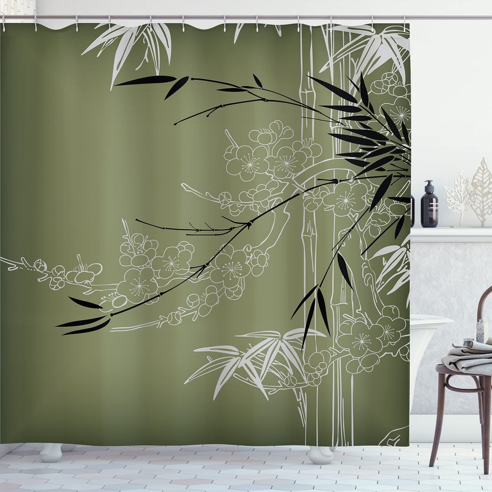 Ambesonne Asian Print Shower Curtain, Eastern Nature Theme Outline Look Blooming Branches and Flowers Illustration, Cloth Fabric Bathroom Decor Set with Hooks, 69" W x 75" L, Olive Green