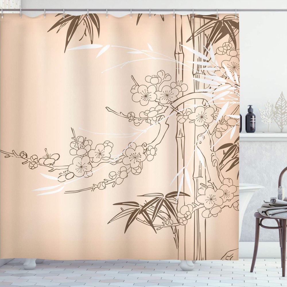 Ambesonne Asian Print Shower Curtain, Eastern Nature Theme Outline Look Blooming Branch and Flowers Illustration, Cloth Fabric Bathroom Decor Set with Hooks, 69" W x 84" L, Pale Peach